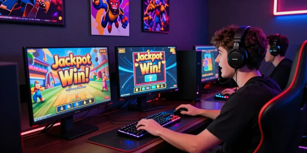 Engaging online gaming moment featuring bro138 login on a high-tech setup with vibrant graphics.