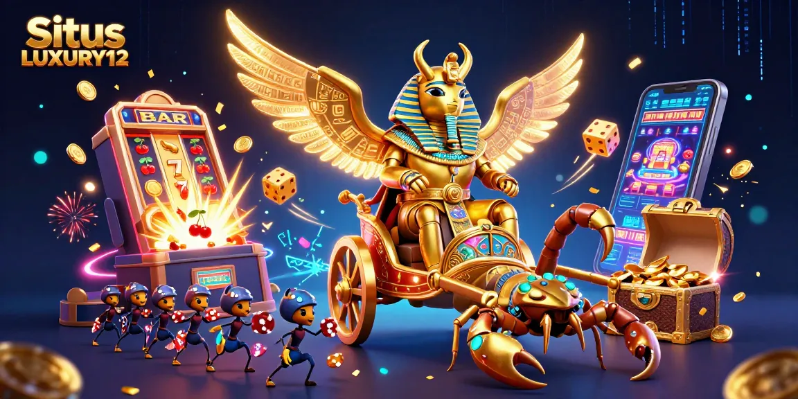 Situs LUXURY12 reveals wins with giant scarab and scorpions amidst a jackpot explosion in a casino scene.