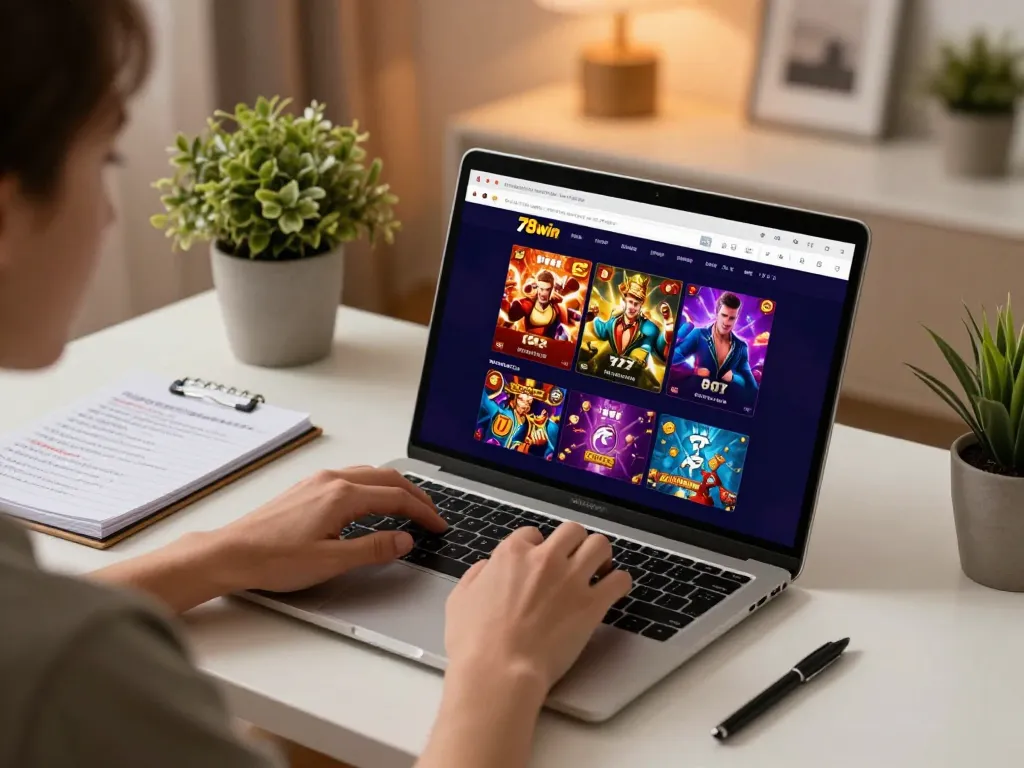 Experience the excitement of 78win online gambling with engaging gameplay on a cozy home desk.