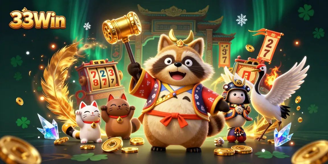 Engage with 33Win in this vibrant casino scene featuring lucky tanuki and maneki-neko.