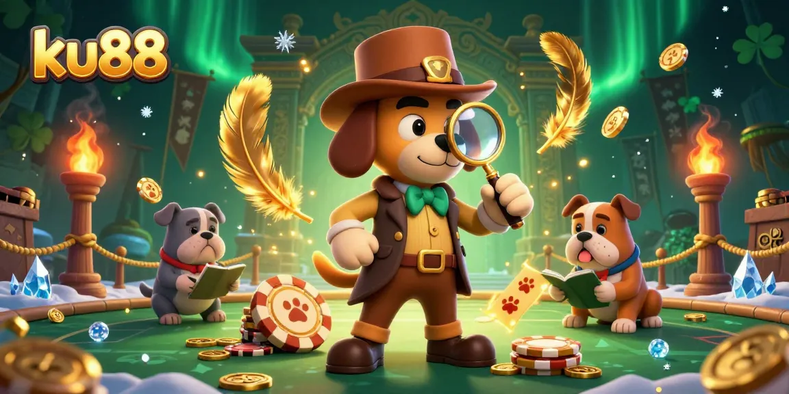 ku88 showcases thrilling detective scene with cartoon characters exploring poker clues amidst casino elements.