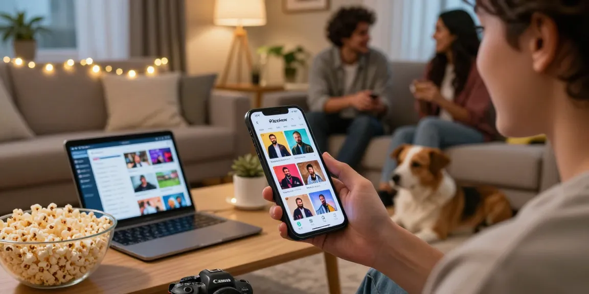 Youth streaming Pikashow APK on smartphone in a cozy living room, indicated vibrant movie thumbnails.