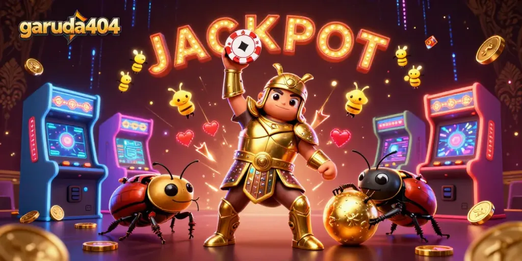 Engage in thrilling action with garuda404 as a heroic beetle lifts a poker chip amidst electrifying casino elements.