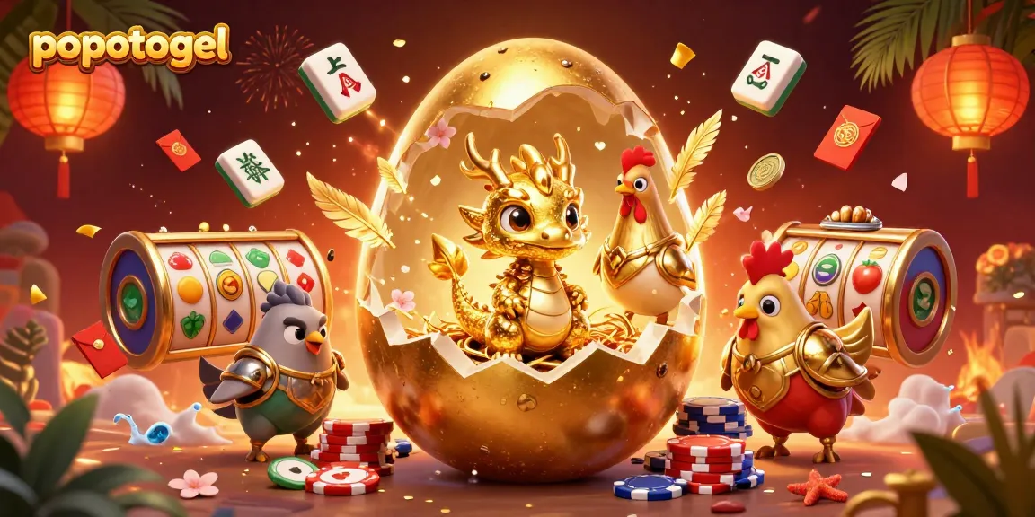 Experience popotogel's dynamic online slots with a golden dragon, poker chips, and festive elements.