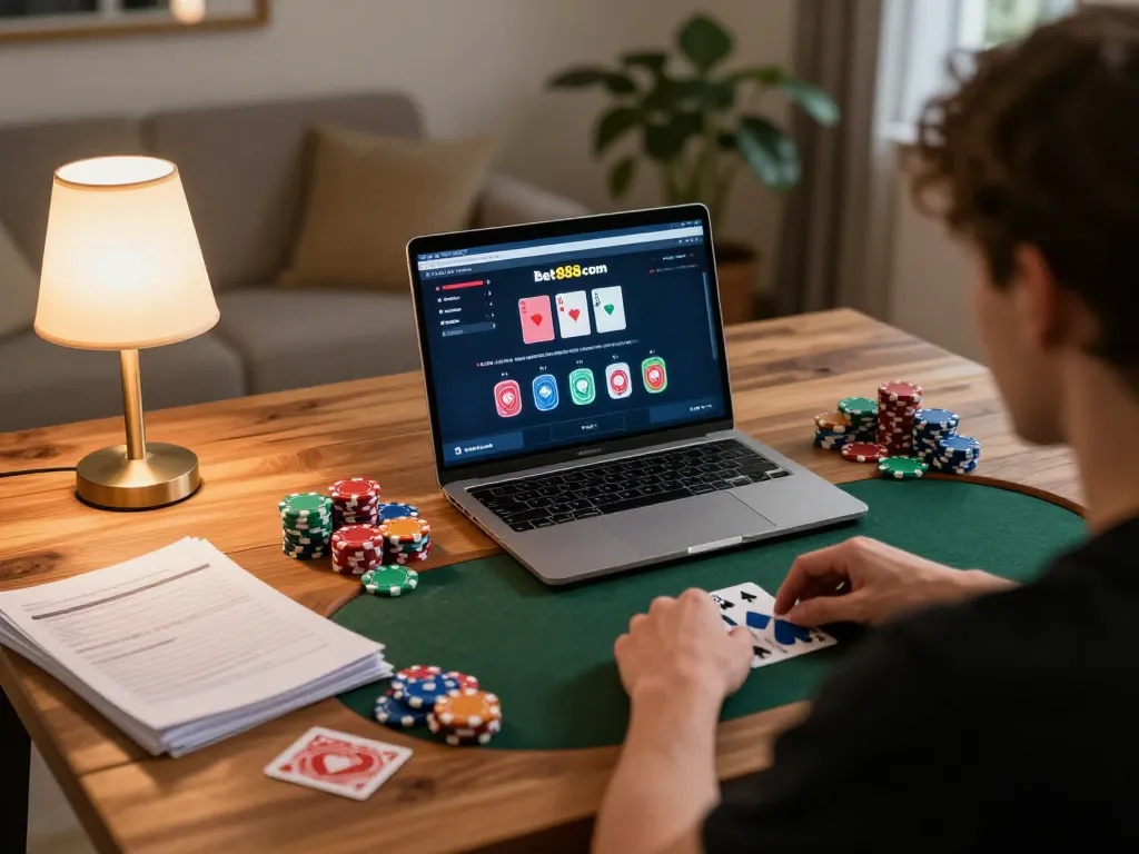 Engaging in online poker gameplay at bet88com from a cozy home setup.