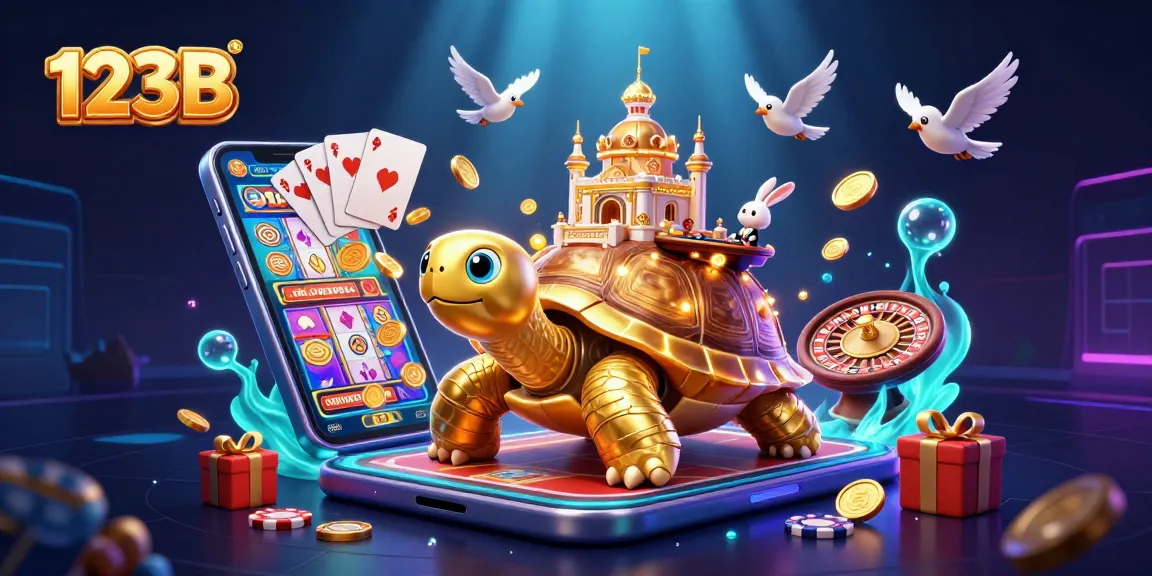 Experience 123B's vibrant casino scene with golden tortoise, rabbit dealer, and dynamic gaming elements.