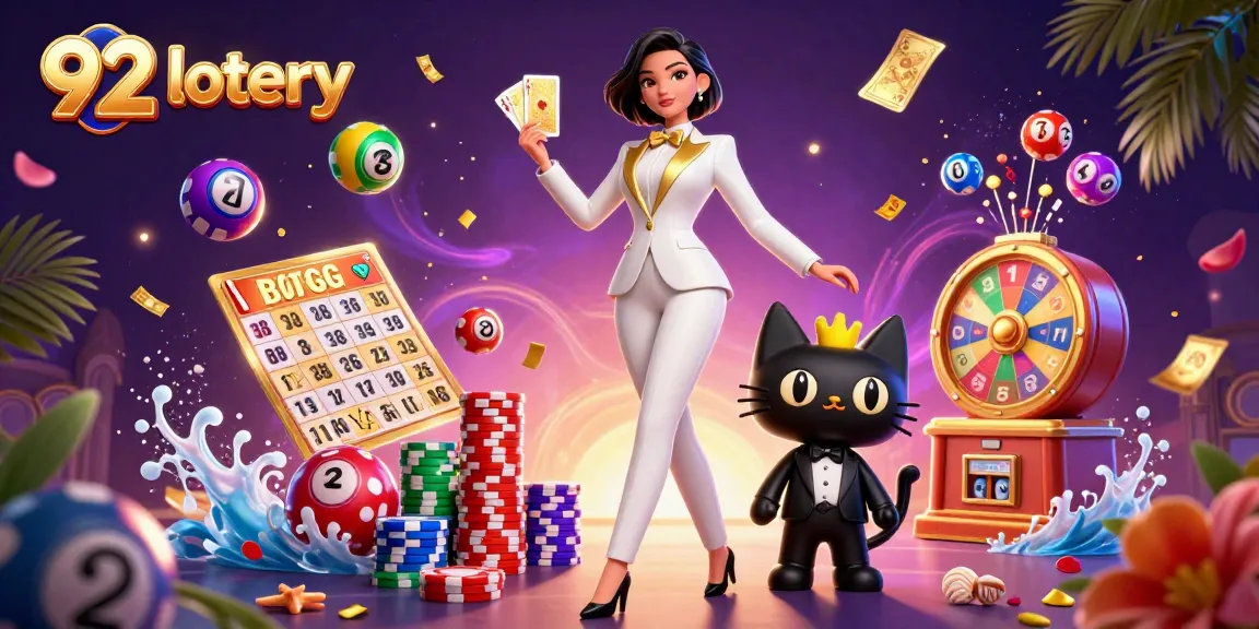 Experience excitement with 92 lotery as a glamorous woman shuffles cards amid vibrant lottery elements.
