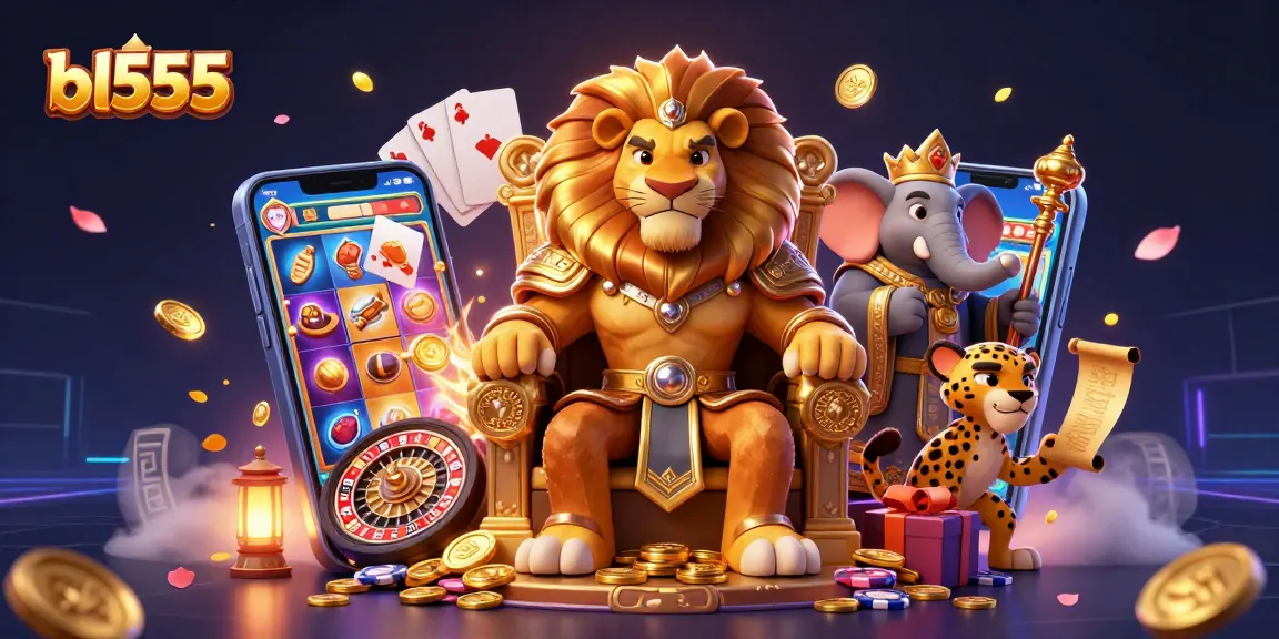 Engage with bl555's vibrant gaming world, featuring a lion king and lively casino elements.
