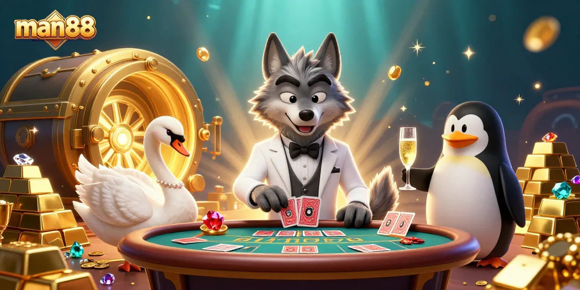 Experience the excitement of man88 with a dynamic 3D illustration of casino characters in action.