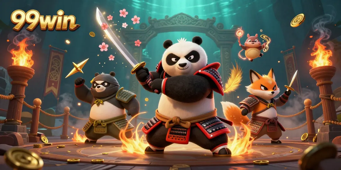 Experience thrilling gaming at 99win with dynamic samurai and fox characters amidst a rich casino scene.