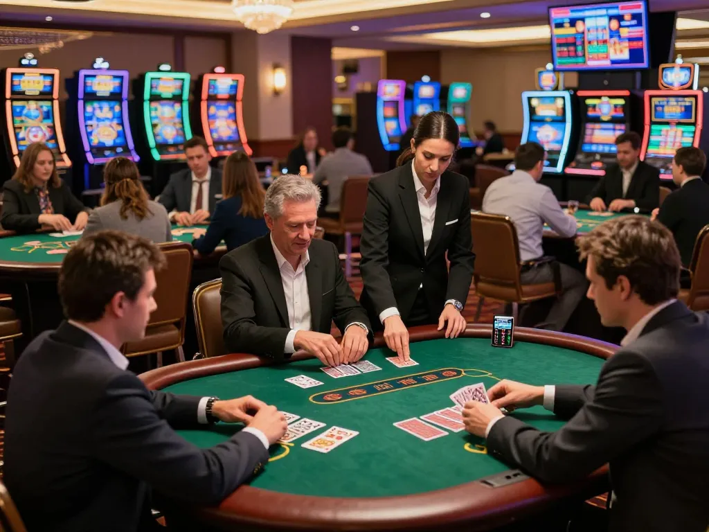 Aidan Brown Foundation players strategizing blackjack at a luxurious casino table, showcasing excitement and engagement