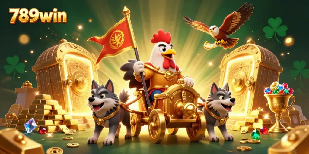Experience the thrill of 789win with a rooster warlord in a golden chariot amidst treasures.