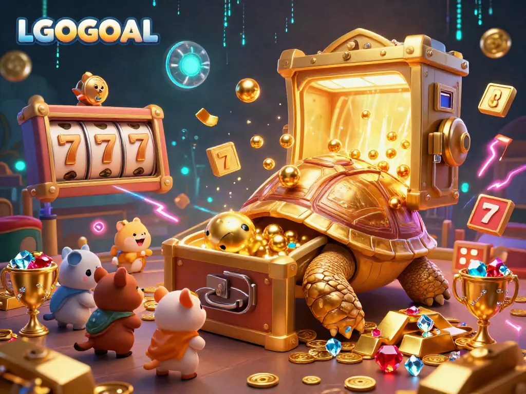 Engage in a vibrant LGOGOAL gaming experience with a colossal golden tortoise and spinning slot reels in an immersive casino scene.