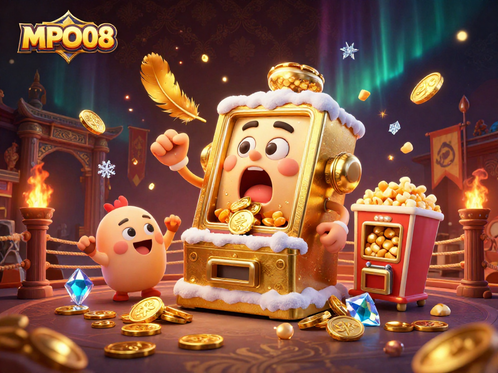 MPO08 slot machine celebrates hitting the jackpot with golden coins pouring, surrounded by cheering machines.