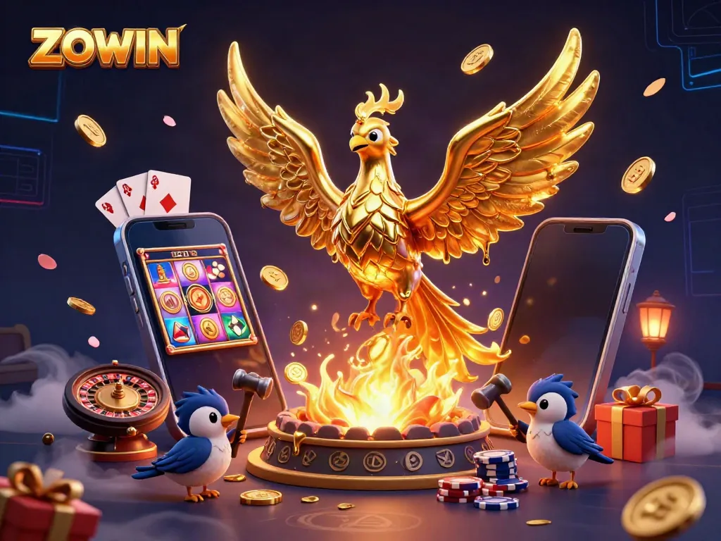 ZOWIN showcases a vibrant 3D illustration featuring a golden phoenix and exciting gambling elements.
