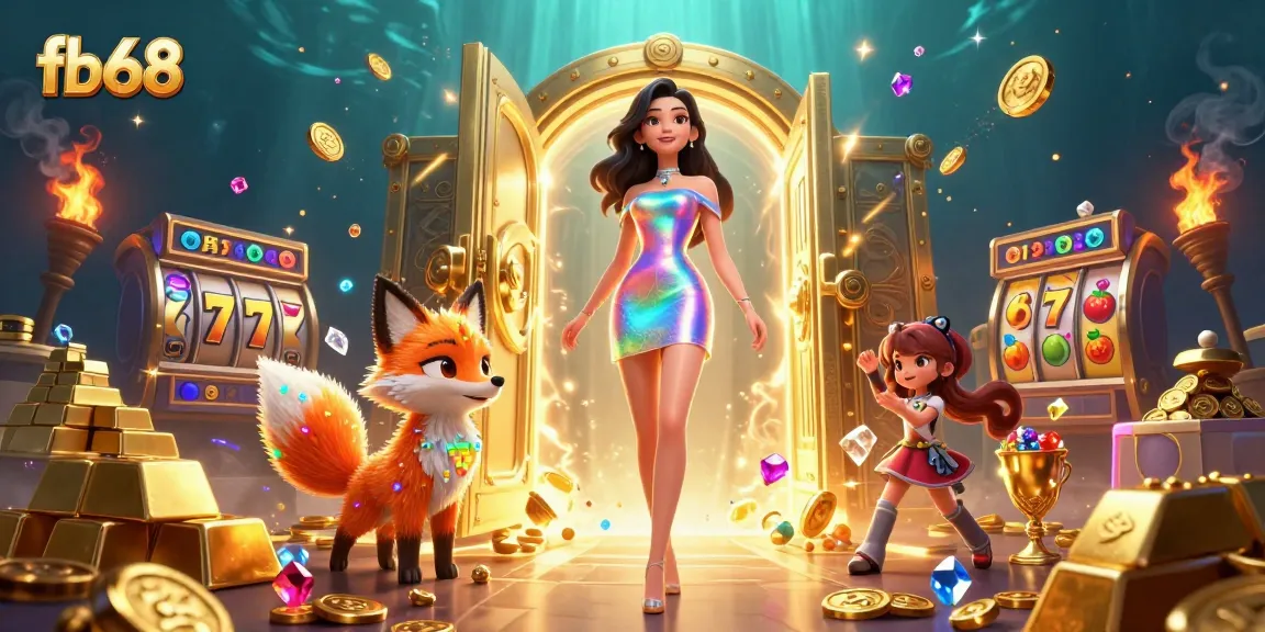 Engage with fb68's vibrant casino world showcasing slot elements and a stunning woman.