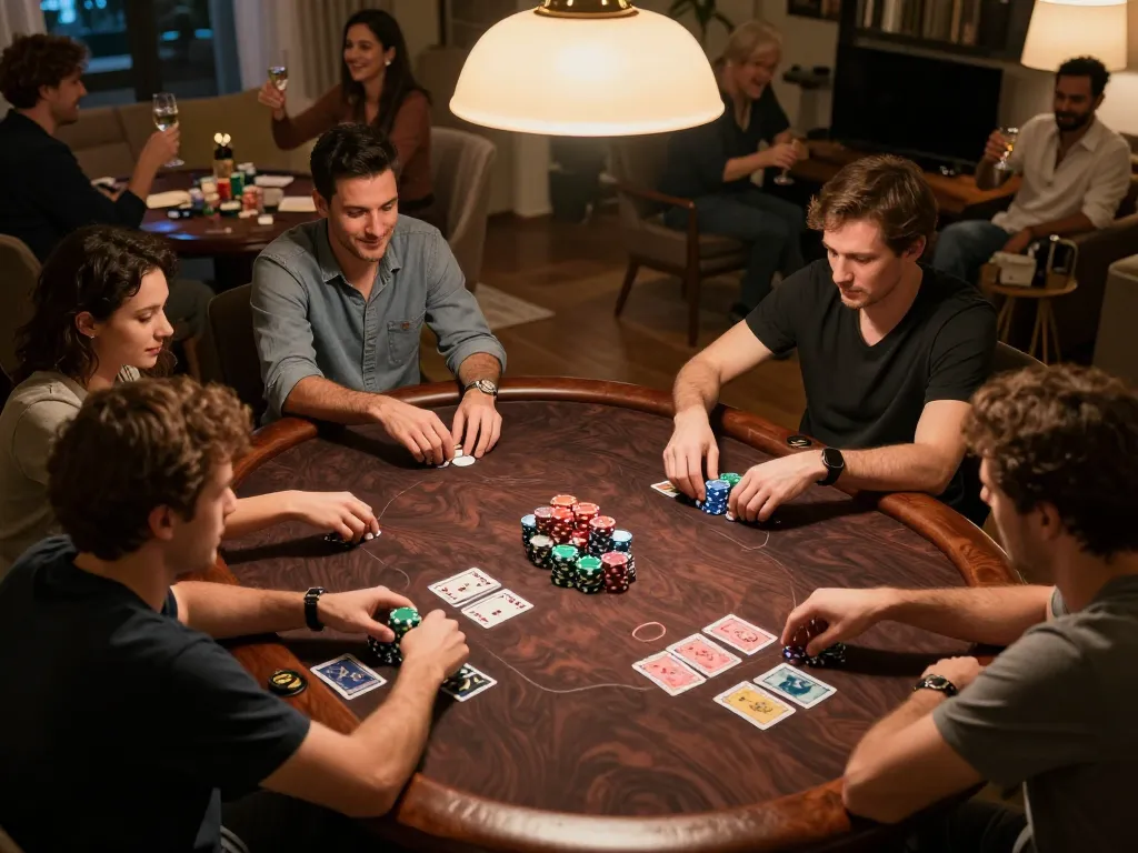 Players engaging in poker at home with gg88 com atmosphere, colorful chips and warm lighting.