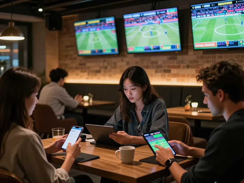 MM88 bettors placing bets on live sports events in a vibrant lounge.