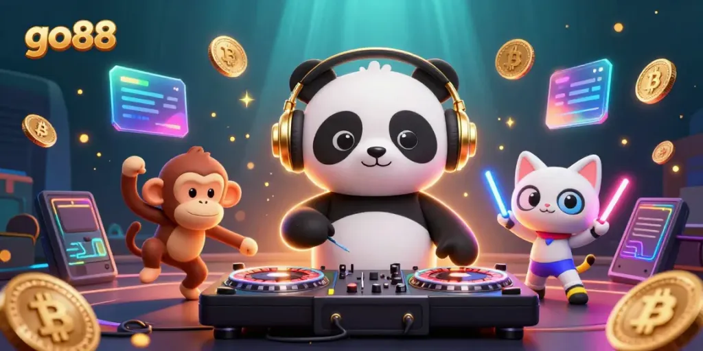 Experience exciting 3D action with go88, featuring a DJ panda, a dancing monkey, and a glowing kitten in a vibrant casino scene.