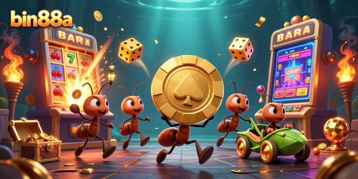 Experience the excitement of bin88a with vibrant 3D ants heisting golden poker chips in a rich casino scene.