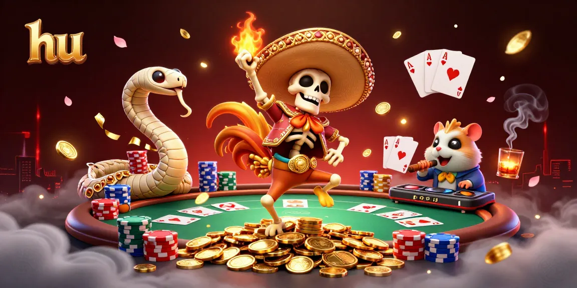 Experience the excitement of hu gaming with lively characters dancing on a pile of golden coins.