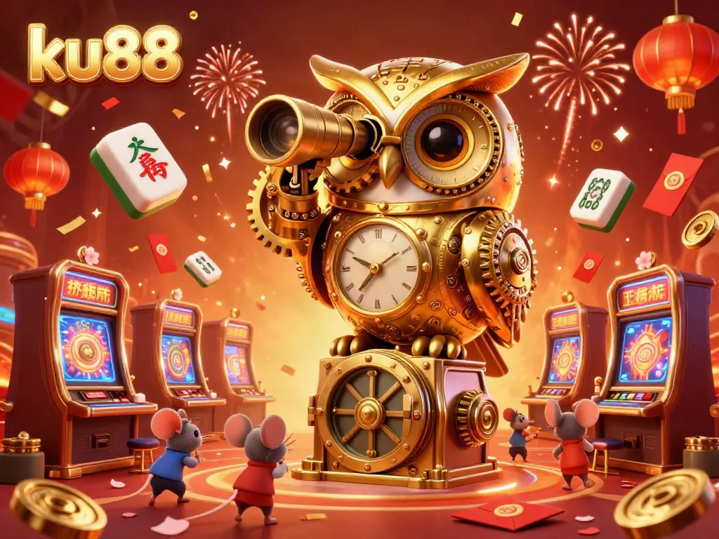 Experience the excitement of ku88 with a whimsical scene featuring a grand golden owl and animated mouse patrons amidst vibrant casino visuals.