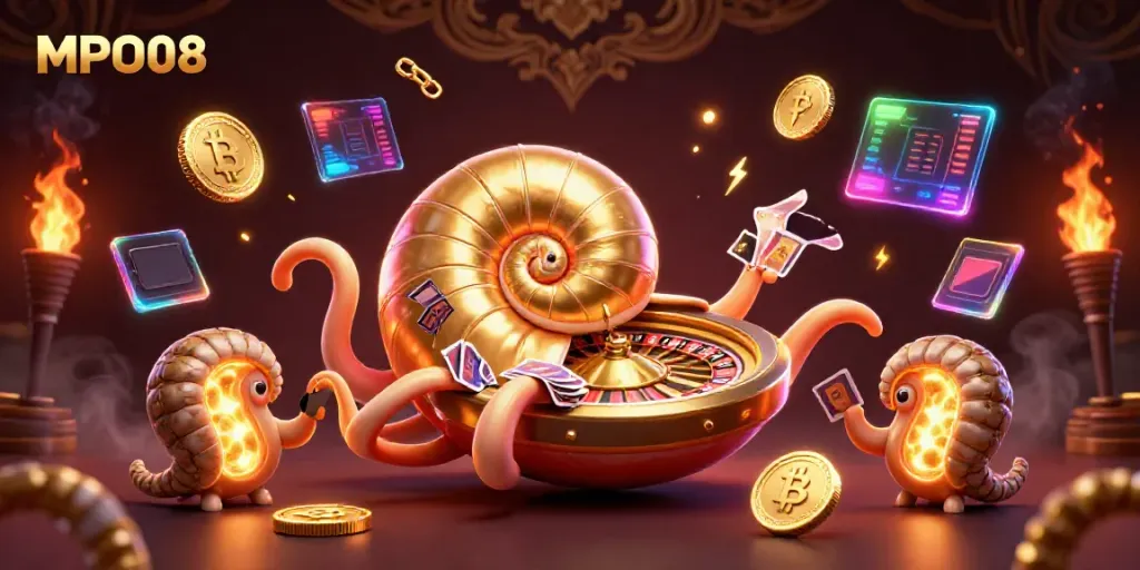 Engage with MPO08's vibrant casino scene featuring a giant nautilus roulette wheel and glowing cryptocurrencies.