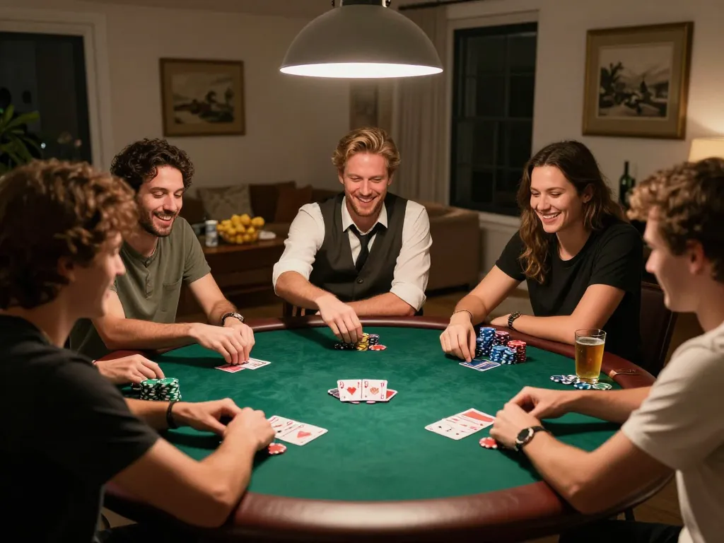 Friends enjoying a fun poker night with maxpoker88 cards and chips on the table, creating a lively atmosphere.