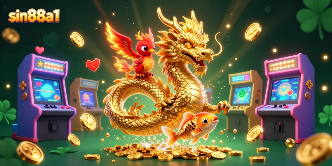 Experience the thrill of sin88a1 with a golden dragon, phoenix, and koi fish amid vibrant casino elements.