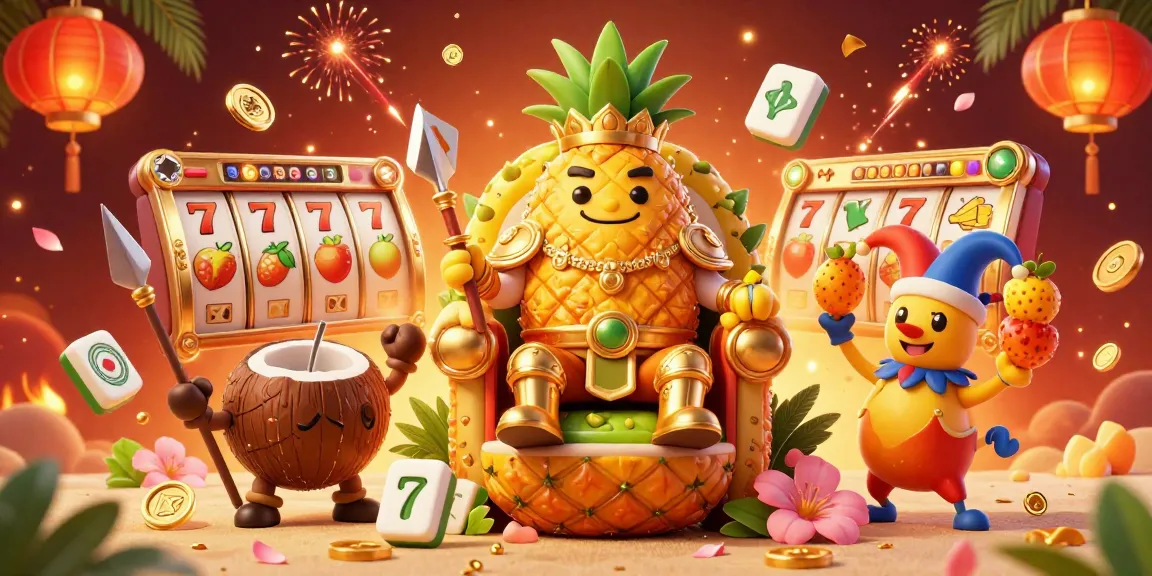 Xo88 gameplay with a golden pineapple king and vibrant slot elements in a beach casino scene.