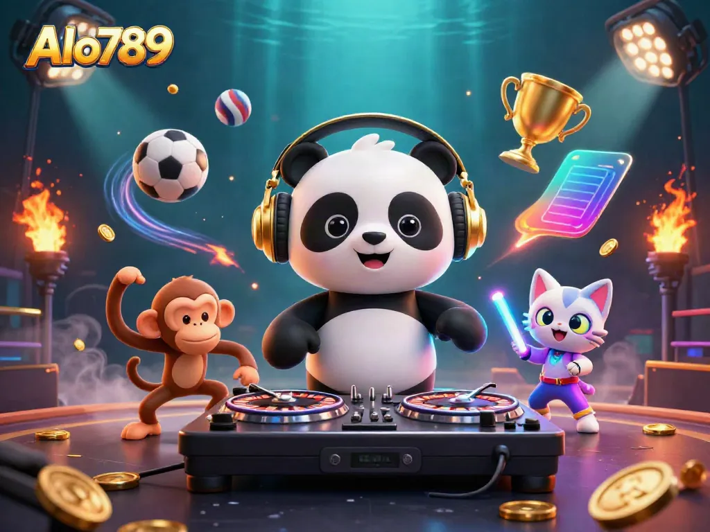 Alo789's animated scene features a DJ panda and friends celebrating with sports betting elements, showcasing vibrant gameplay.