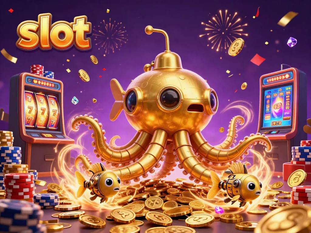 Experience thrilling slot action with a golden kraken submarine amidst coins and vibrant slot machines.