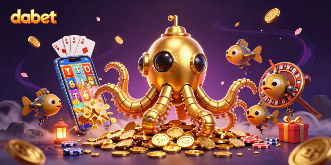 Play and win with dabet in a vibrant, dynamic casino scene featuring a golden kraken and various games.