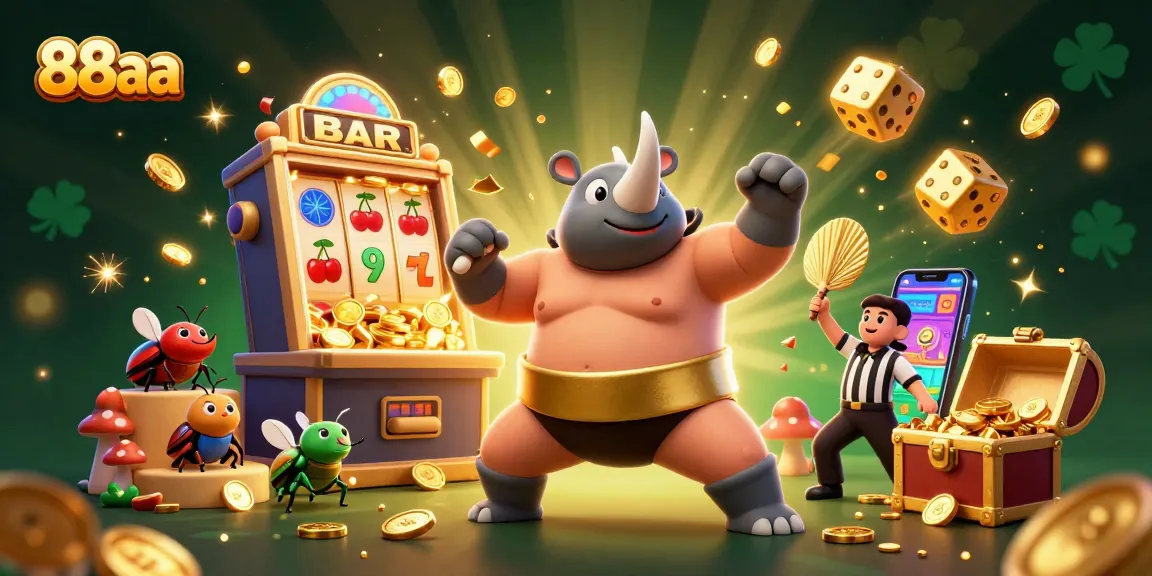 Experience the excitement of 88aa with a dynamic casino scene featuring a beetle sumo champion and jackpots of coins.