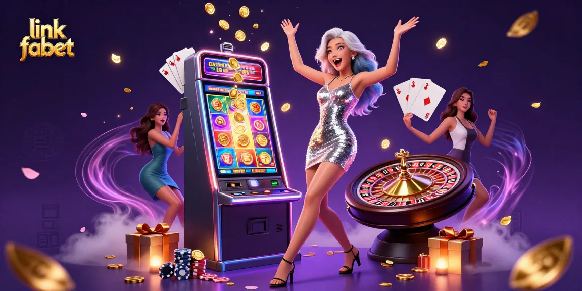 Experience vibrant casino excitement with link fabet, showcasing a celebratory woman by a jackpot slot machine.