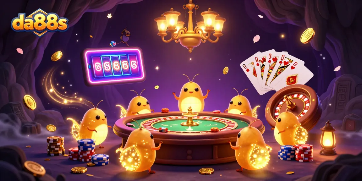 Play at da88s with glowworms illuminating a vibrant casino scene filled with gold coins and gaming elements.