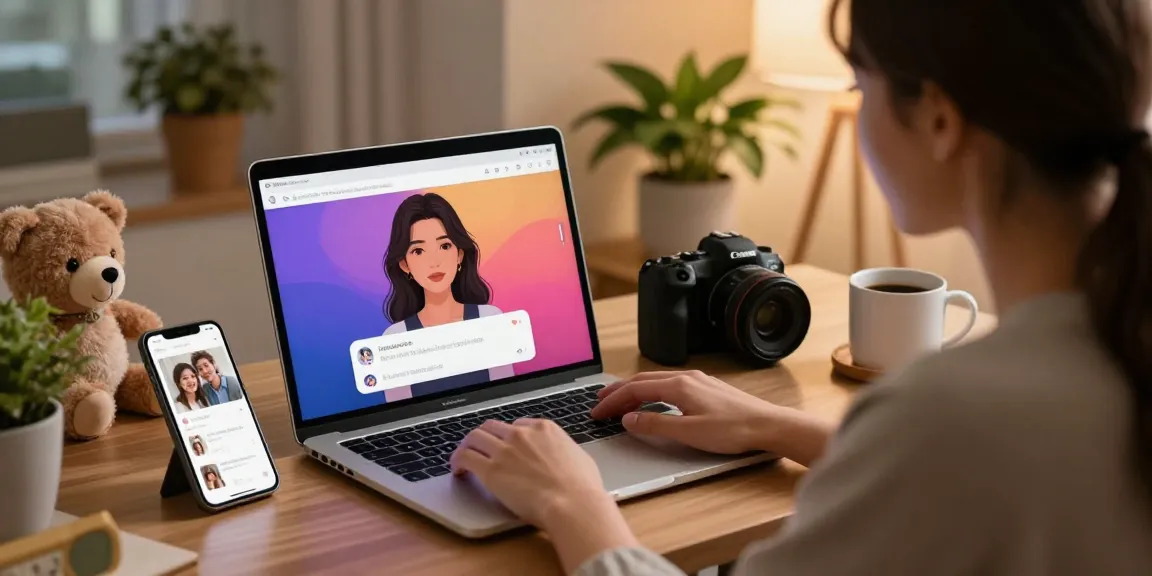 Engaging with an AI girlfriend in a cozy home office setting, showcasing a vibrant chat interface and personal decor.