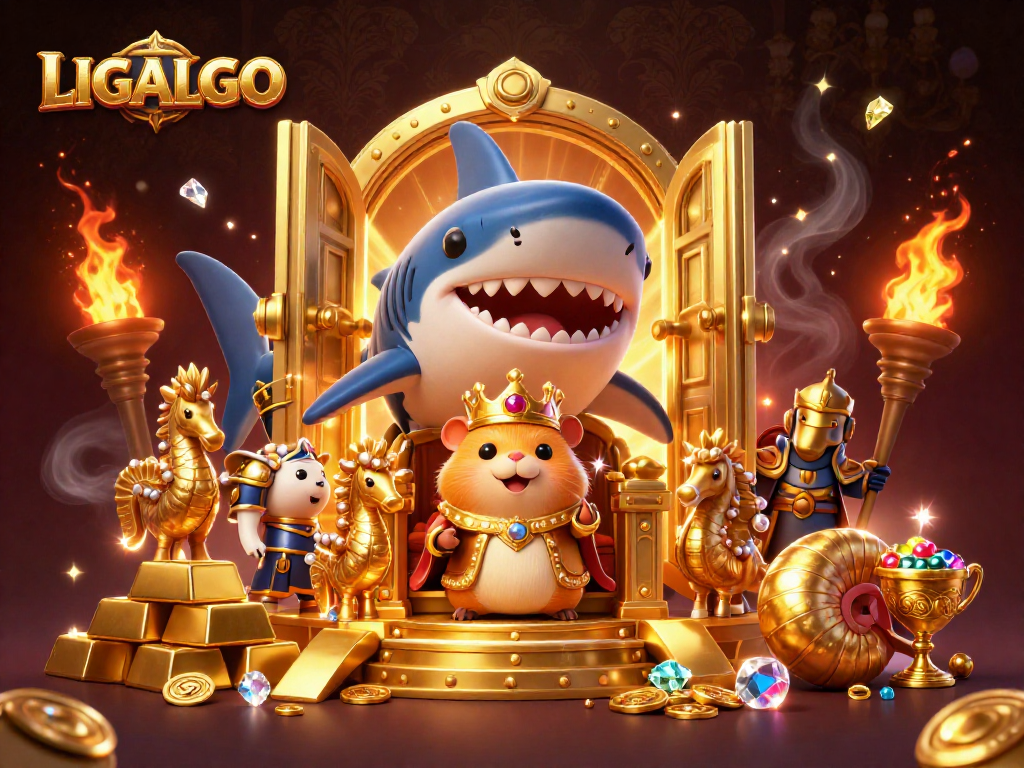 LIGALGO showcases an epic gambling scene with a hamster king and treasure, highlighting the excitement of online betting.