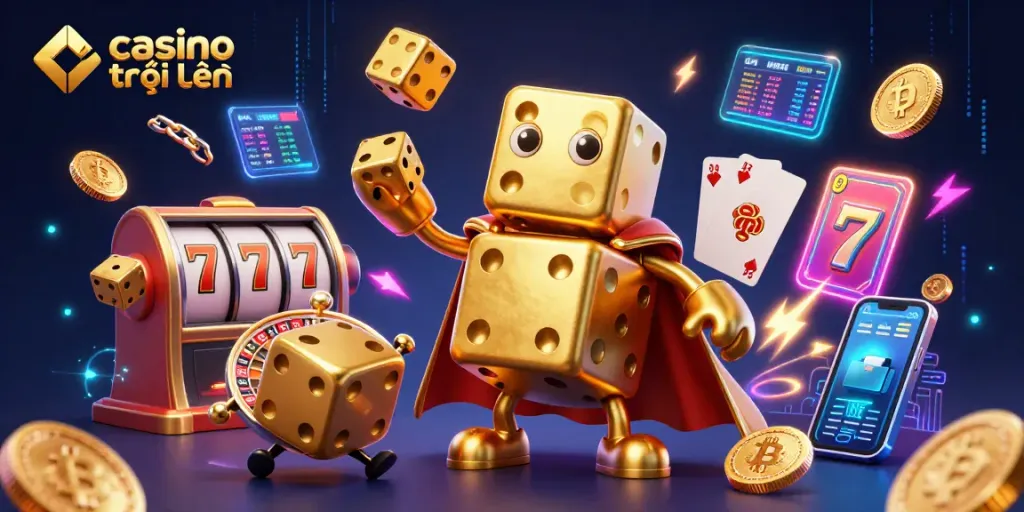 Casino trực tuyến sống động với nhân vật xúc xắc vàng khổng lồ đang trình diễn giữa các trò chơi slot rực rỡ.