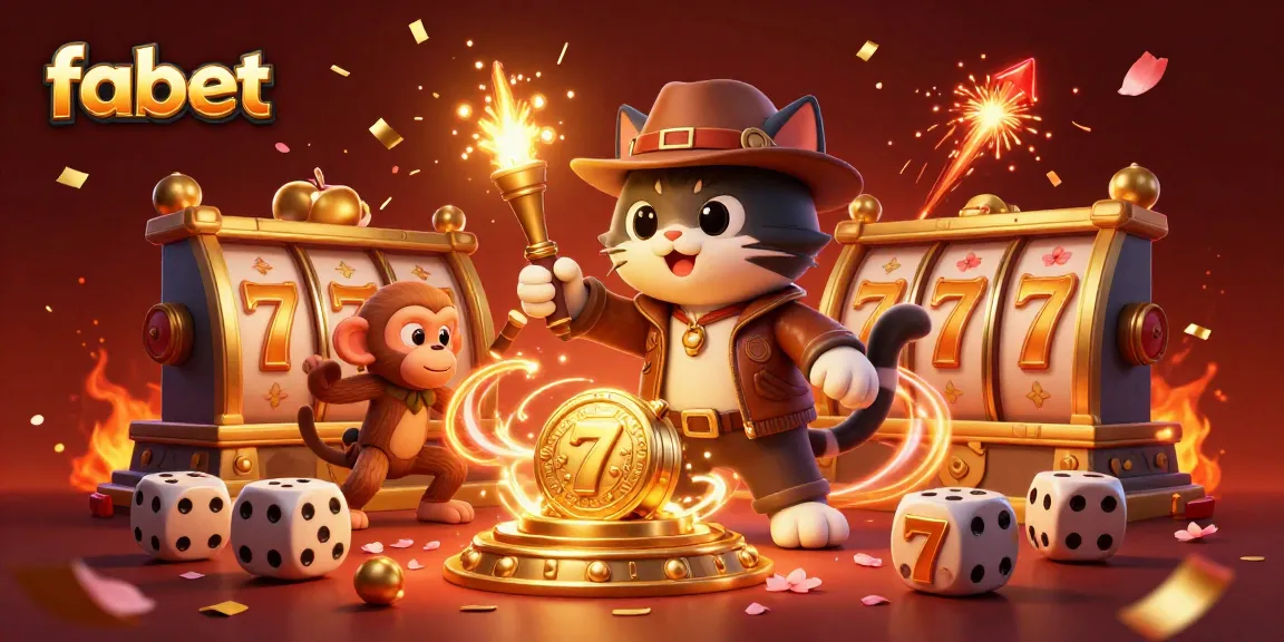 Fabet interactive slots scene with cat explorer and monkey companion discovering golden artifacts.