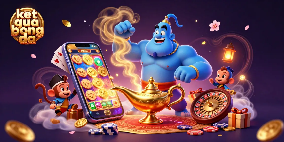 Experience ket qua bong da intensely with this vibrant casino-themed illustration showcasing a genie, monkey, and magic carpet.