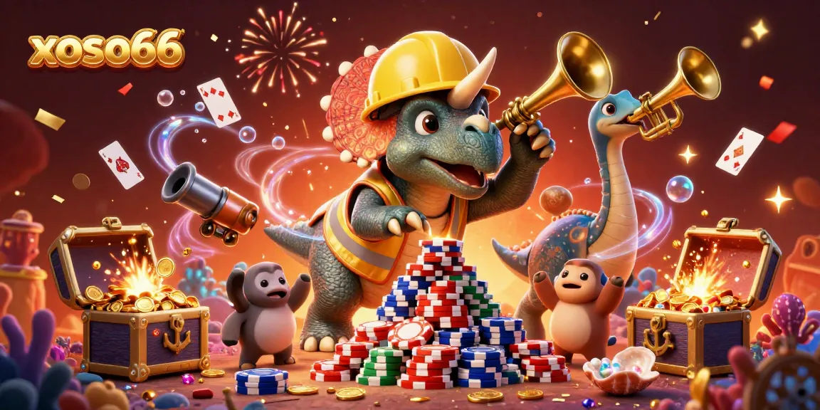 xoso66 showcases an exciting 3D scene where a cheerful triceratops builds poker chips amid vibrant underwater treasures.