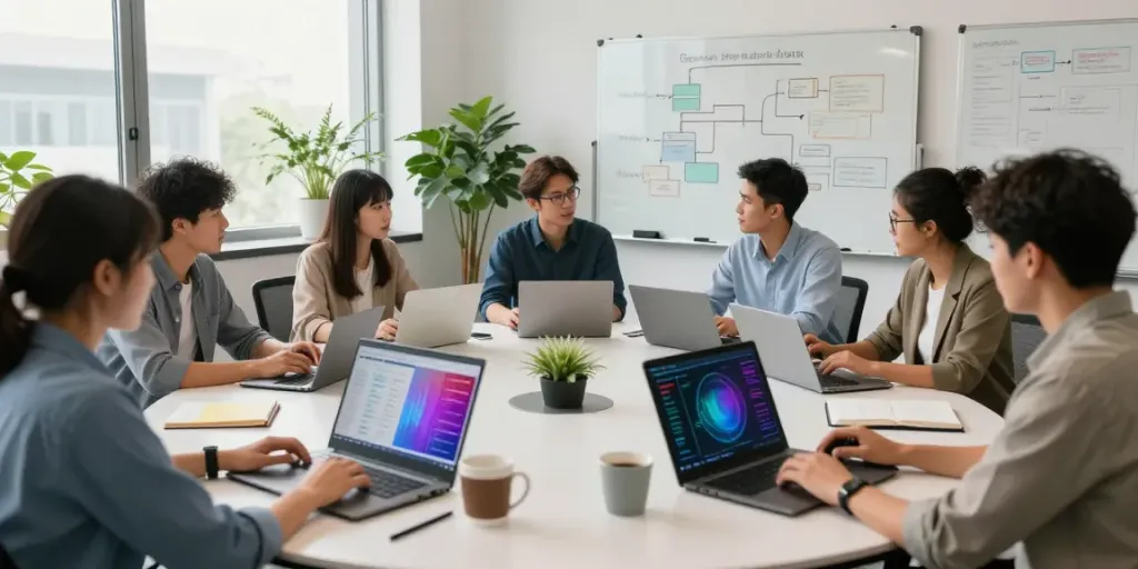 Team collaborating on Enterprise AI solutions in a modern workspace.