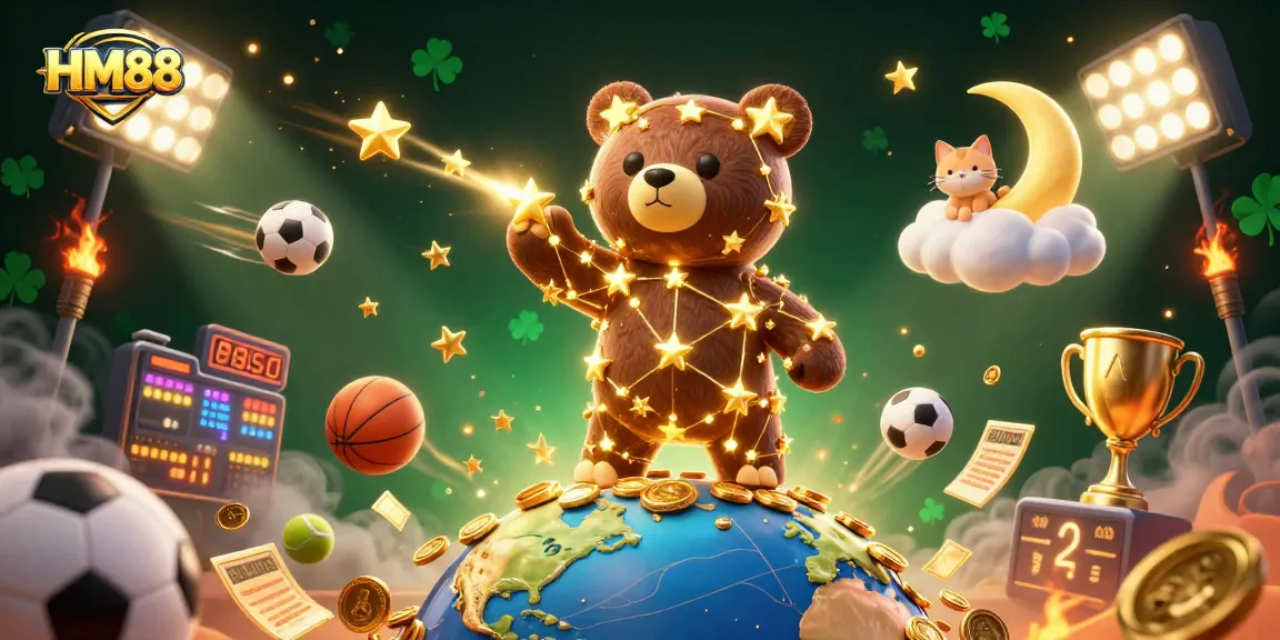 HM88 engages players with a dynamic illustration of a winning casino experience featuring gold coins, sports elements, and vibrant characters.