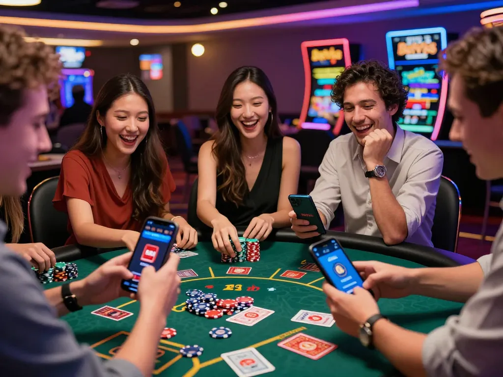 Friends celebrating and sharing BetVisa referral codes at a lively casino gaming table.