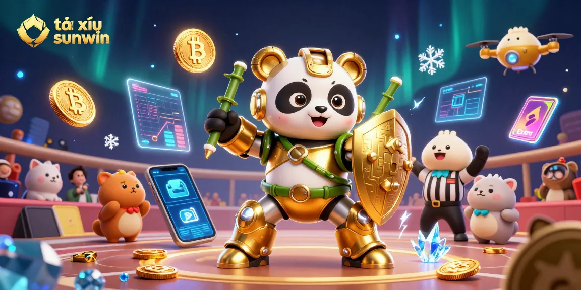 Tài xỉu sunwin showcases an arena with a mech-suit panda and digital currency elements highlighting exciting gameplay.
