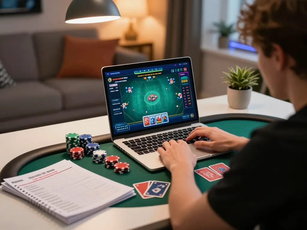 Intense focus during an online poker game at keonhacaii88 with strategy notes and chips on the table.