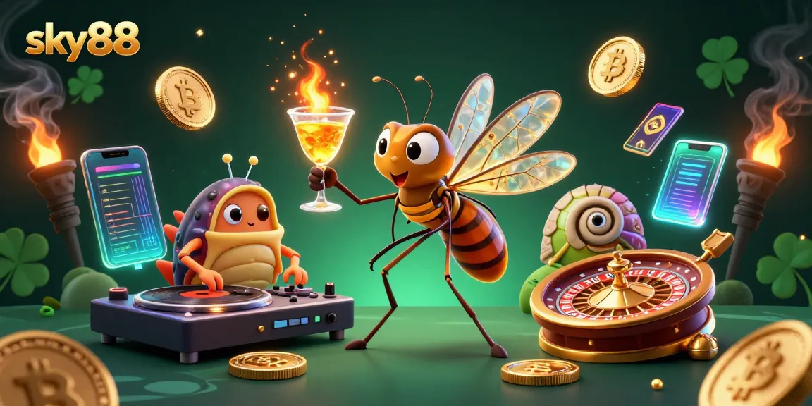 Sky88 showcases a vibrant casino scene with a mosquito mascot, trilobite DJ, and roulette wheel.