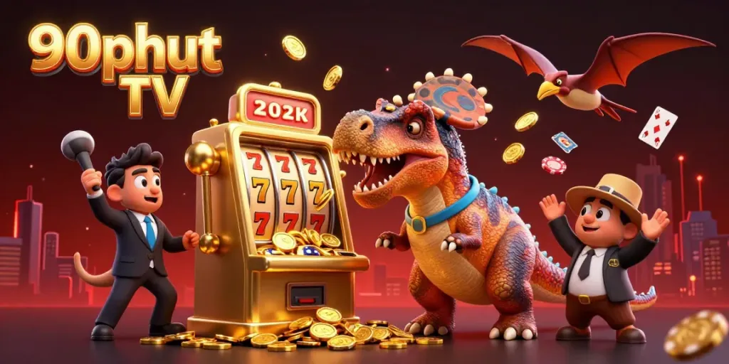 90phut TV thrillingly showcases a dinosaur headbutting a golden slot machine amidst a colorful casino scene.