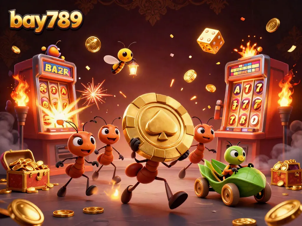 Experience bay789's vibrant gambling scene with cartoon ants and explosive casino elements.